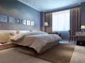 Modernes Schlafzimmer mit einem bequemen Bett, das wie ein wasserbett oder boxspringbett wirkt. Dekorative Wandbilder und ein Schreibtisch mit Lampe.