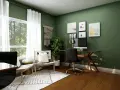 Grünes Arbeitszimmer mit Schreibtisch, bequemen Stühlen und Fenster. Tolle Inspirationen für dein Arbeitszimmer einrichten.