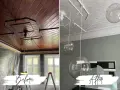 Vorher-Nachher-Vergleich: Dunkle Holzpaneele an der Decke werden weiß gestrichen. Man kann Paneele streichen für ein helleres Raumgefühl.