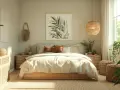 Gemütliches Schlafzimmer mit heller wandfarbe, Naturmaterialien und Pflanzen. Ein bequemes Bett lädt zum Entspannen ein.