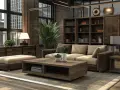 Gemütliches Wohnzimmer mit Möbeln aus dunklem Holz, einem Sofa, einem Couchtisch und einem Bücherregal.