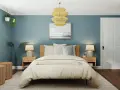 Gemütliches Schlafzimmer mit blauen Wänden, Holzbett und einem großen Fenster. Perfekt, um das Schlafzimmer zu renovieren und eine entspannende Oase zu schaffen.