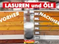 Holzlasur schützt und verschönert Holz. Vorher-Nachher-Vergleich zeigt verschiedene Holzlasur-Farben und deren Wirkung auf Holzoberflächen.