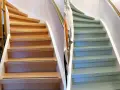 Vorher-Nachher-Vergleich einer Holztreppe: Links naturbelassen, rechts in einem sanften Grünton gestrichen. Die Frage: handlauf streichen welche farbe?