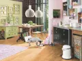 Helle Wandfarbe passt gut zu Buche-Boden und grüner Kommode. Ein Hund frisst aus Napf.
