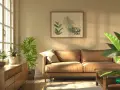 Sonnendurchflutetes Wohnzimmer mit beigem Sofa, Holzmöbeln und vielen grünen Pflanzen. Die Wirkung von Farben wie Beige und Grün schafft eine beruhigende Atmosphäre.