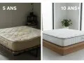 Vergleich: Eine alte, fleckige Matratze (5 Jahre) neben einer neuen, weißen Matratze (10+ Jahre). Wie lange hält eine Matratze?