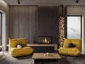 Gemütliches Wohnzimmer mit gelben Sesseln und Kamin. Die **Farben und ihre Wirkung** sind hier harmonisch auf die Einrichtung abgestimmt.