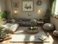 Gemütliches Wohnzimmer mit vielen Pflanzen und Möbeln aus nachhaltigen Materialien, wie Rattan und Leinen.