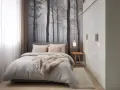 Gemütliches kleine schlafzimmer einrichten mit Waldtapete, Bett mit Fell und Kleiderschrank.