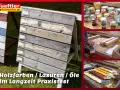 Holzfarben, Lasuren und Öle im Praxistest. Verschiedene Holzproben zeigen die Wirkung von Lasur oder Farbe.