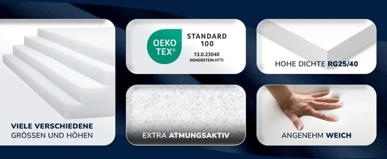 Hochdichte Matratze RG25/40, OEKO-TEX zertifiziert, atmungsaktiv und weich. Viele Größen und Höhen verfügbar.