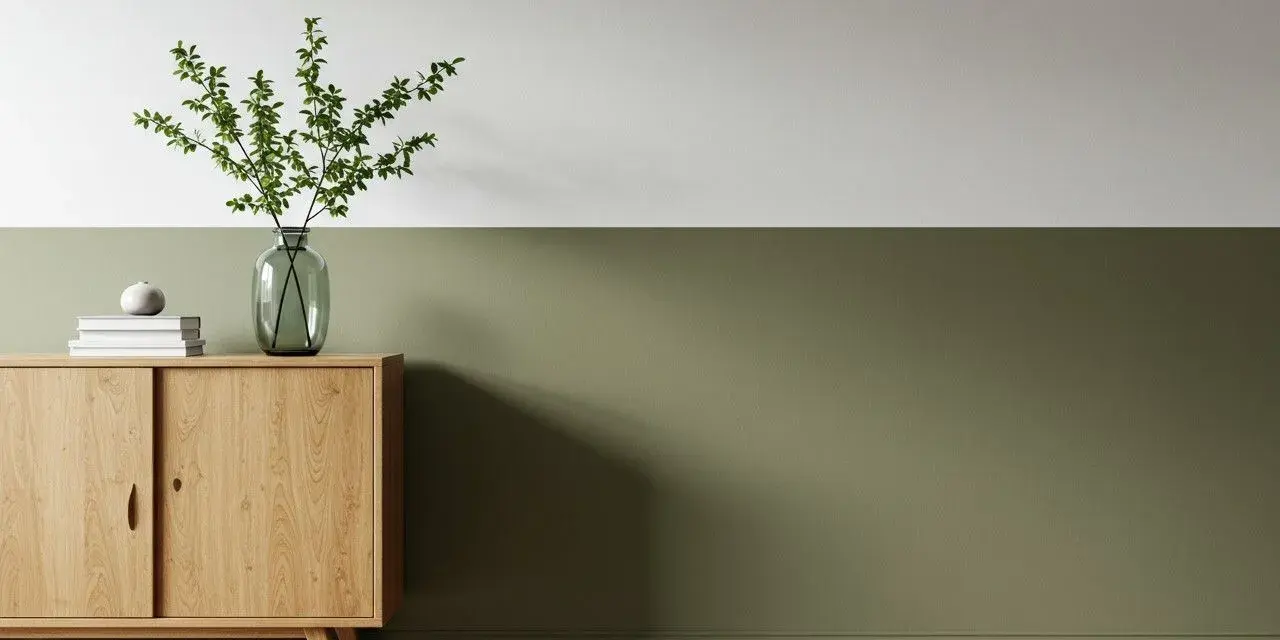 Ein Flur, halbhoch gestrichen in einem beruhigenden Grünton. Ein schlichtes Sideboard aus Holz mit Deko-Elementen.