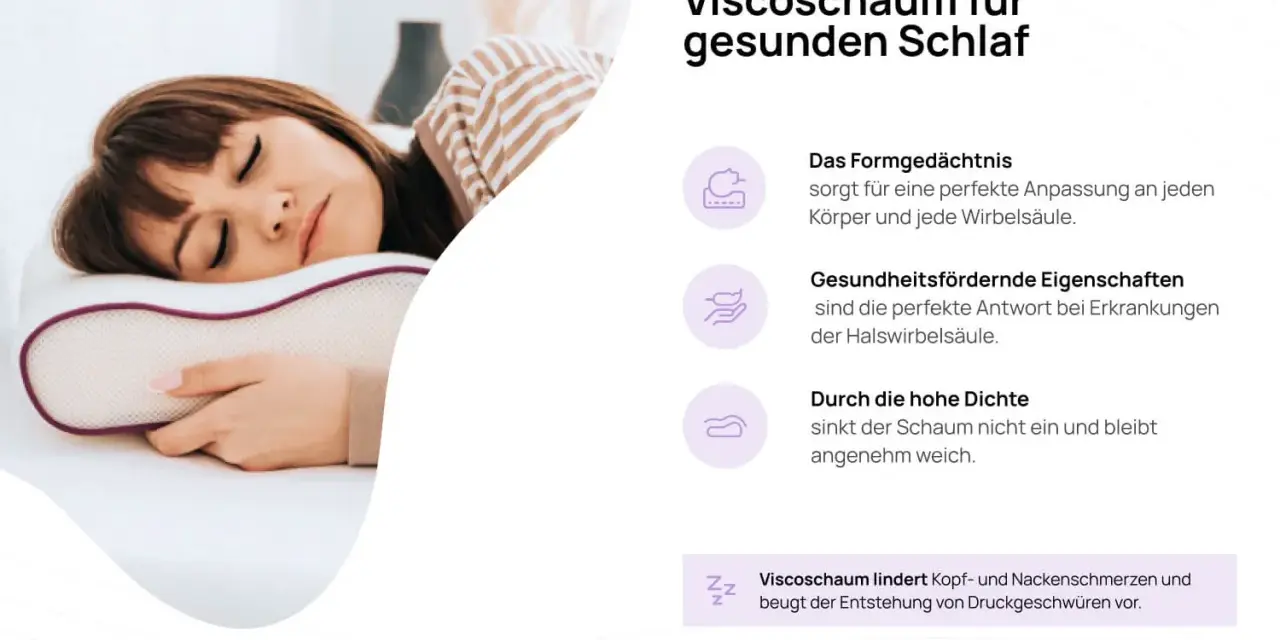 Frau schläft auf einem Kissen aus Viscoschaum, das sich perfekt anpasst und Nackenschmerzen lindert.