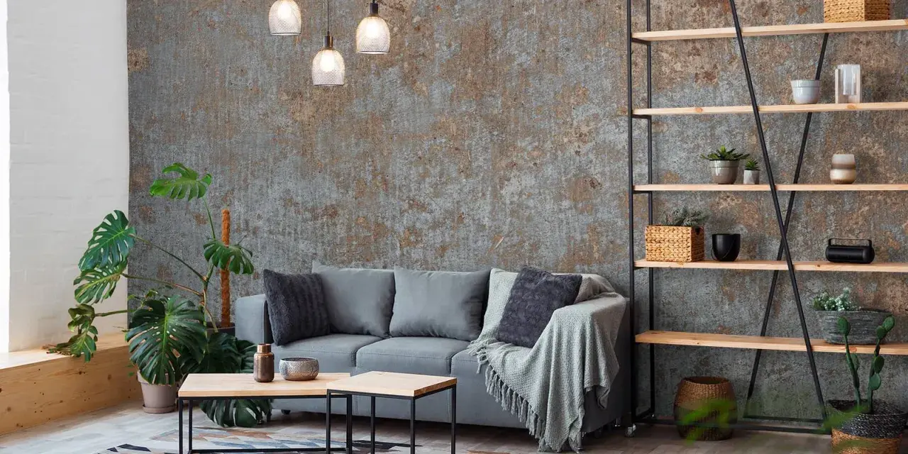 Stilvolles Wohnzimmer mit grauer Couch, rustikaler Wand (wie MDF tapezieren) und Regal.