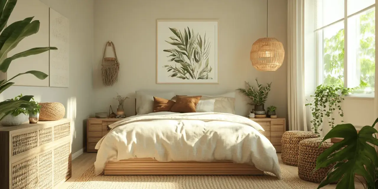 Gemütliches Schlafzimmer mit heller wandfarbe, Naturmaterialien und Pflanzen. Ein bequemes Bett lädt zum Entspannen ein.