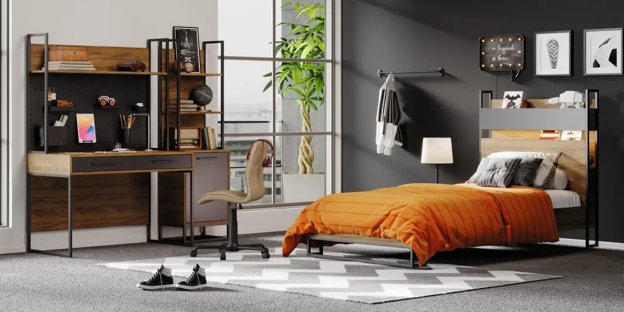Coole jugendzimmer jungen einrichtungsideen: Ein modernes Zimmer mit Schreibtisch, Bett und Regal. Perfekt für junge Entdecker!