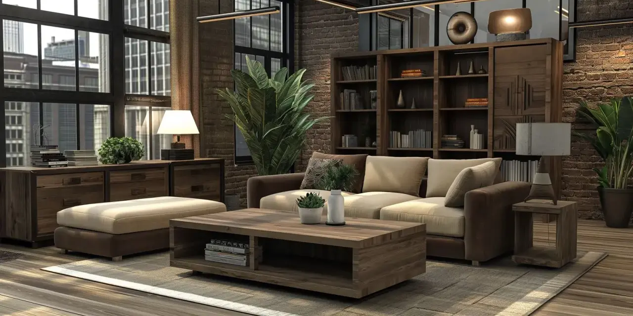 Gemütliches Wohnzimmer mit Möbeln aus dunklem Holz, einem Sofa, einem Couchtisch und einem Bücherregal.