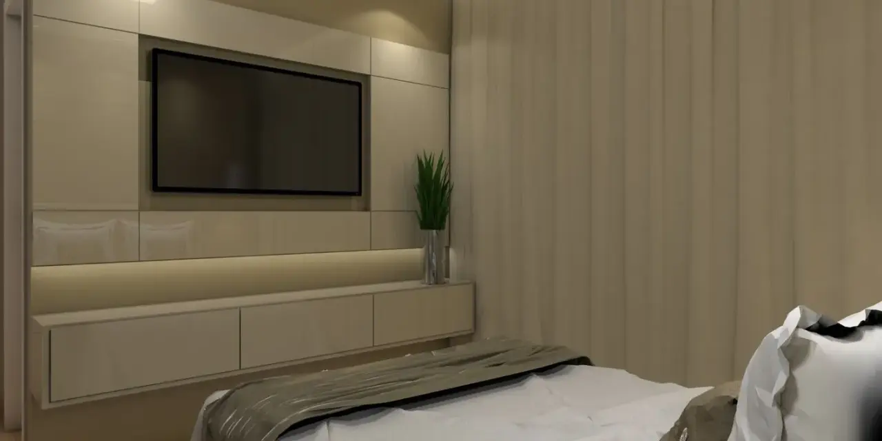 Ein moderner Schlafbereich mit einem großen Fernseher am Bettende, integriert in eine glänzende Wandverkleidung mit indirekter Beleuchtung.