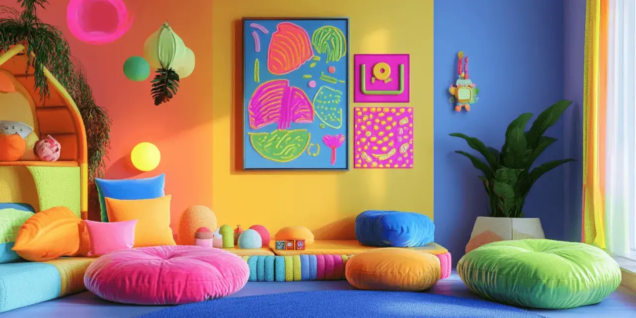 Ein lebendiges Kinderzimmer, in dem sich die **Farben mischen**: orange, pink, gelb, blau und grün dominieren. Bunte Kissen und Spielzeug laden zum Spielen ein.