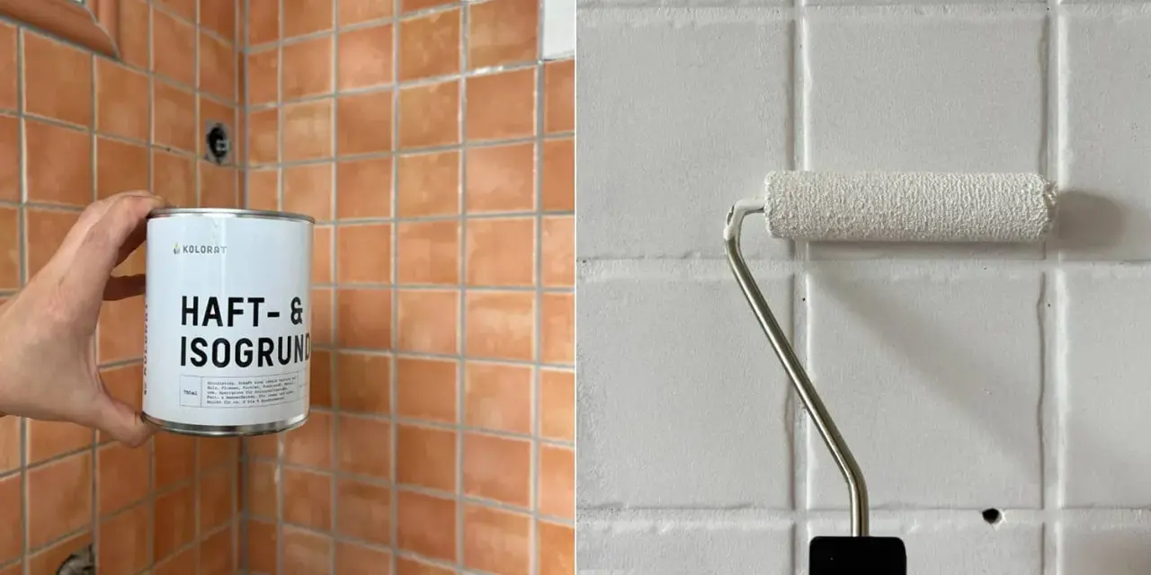 Vorbereitung zum Fliesenfärben: Eine Hand hält eine Dose Haftgrund, während ein Roller weiße Farbe auf Fliesen aufträgt.