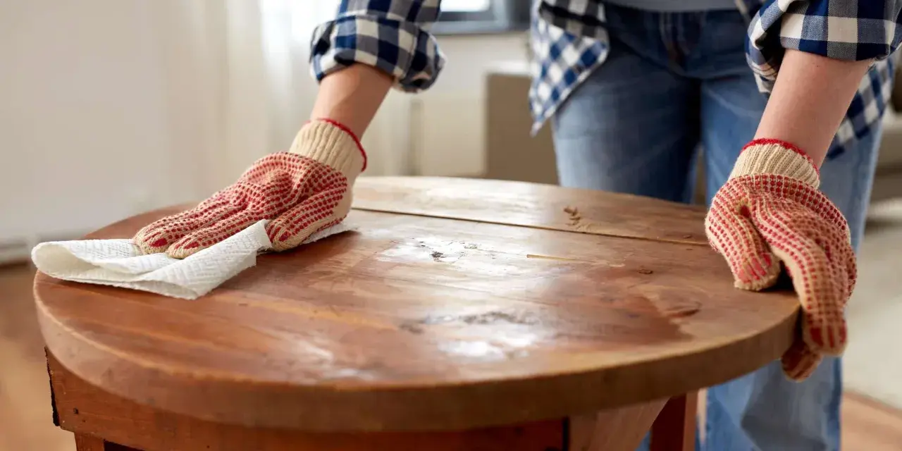 Person mit Handschuhen poliert einen alten Holztisch. Die Pflege des Holztisches ist wichtig, damit er lange schön bleibt.