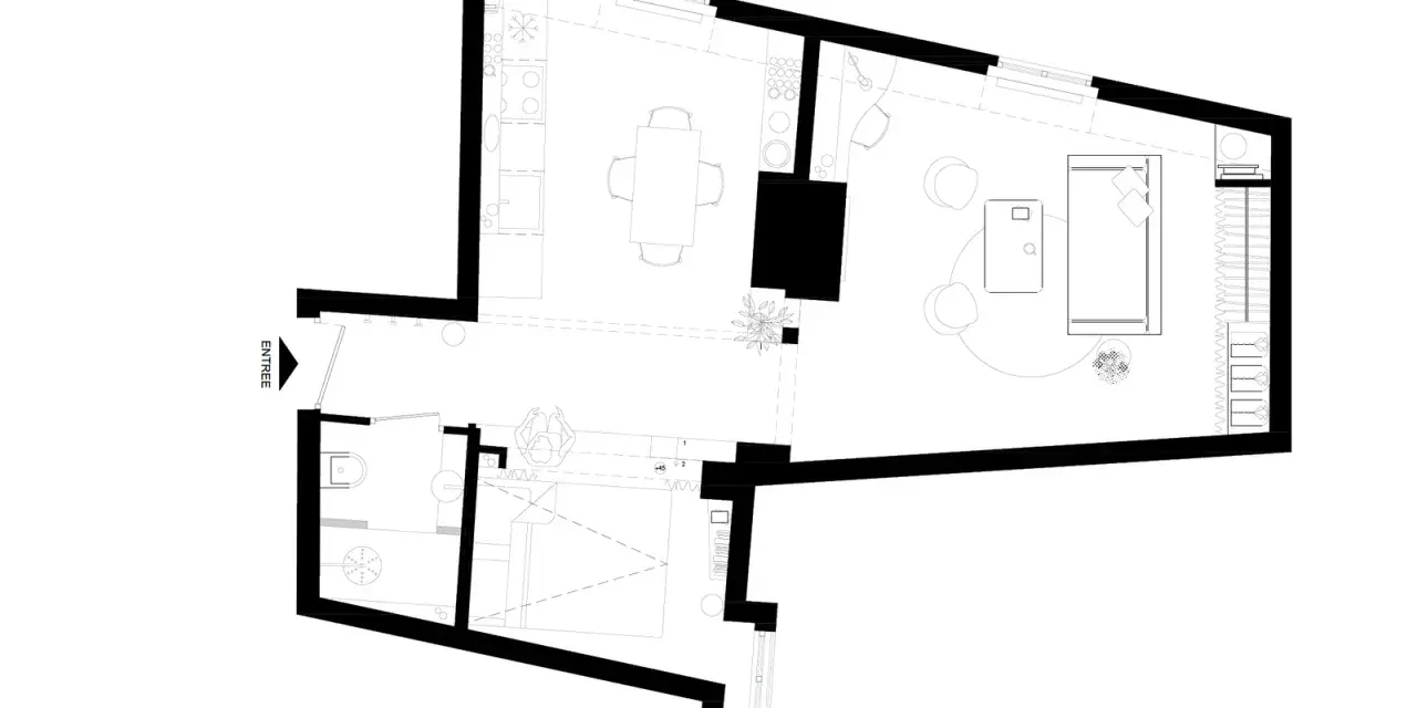 Grundriss einer 30 qm Wohnung mit offener Küche, Essbereich, Wohnzimmer, Bad und Eingang.
