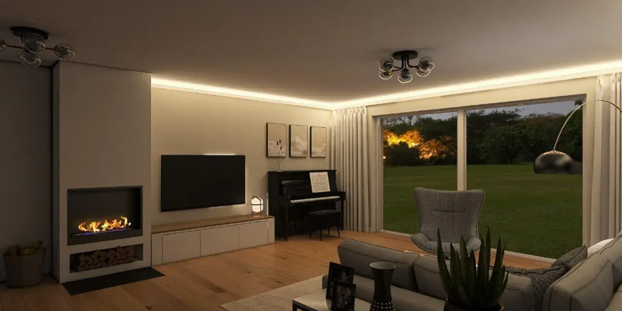 Gemütliches Wohnzimmer mit Kamin, Klavier und Sofa. Die Wände sind in der Farbe beige gestrichen, was für eine warme Atmosphäre sorgt.