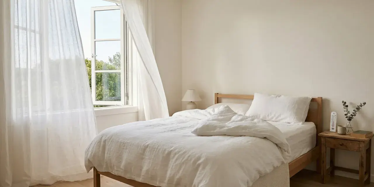 Ein helles Schlafzimmer mit offenem Fenster und weißen Vorhängen. Auf dem Nachttisch steht ein Thermometer, das die angenehme schlafzimmer temperatur anzeigt.