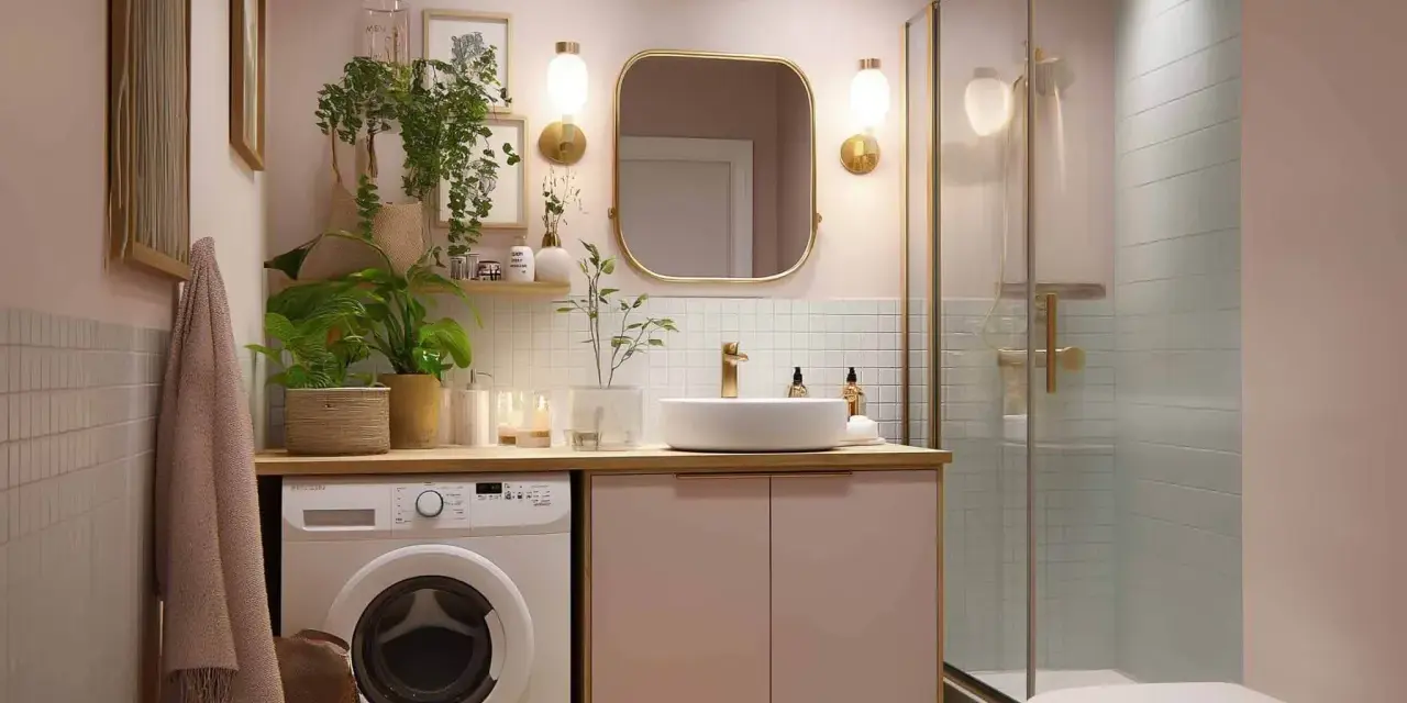 Schickes kleines Badezimmer mit Waschmaschine, Dusche und Waschbecken. Tolle Tipps zum kleines Badezimmer dekorieren mit Pflanzen und goldenen Akzenten.