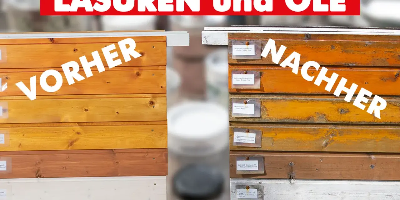 Holzlasur schützt und verschönert Holz. Vorher-Nachher-Vergleich zeigt verschiedene Holzlasur-Farben und deren Wirkung auf Holzoberflächen.