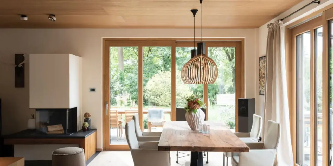 Ein Esszimmer mit Holzboden und Decke, wo sich eiche und buche kombinieren. Ein großer Holztisch steht vor bodentiefen Fenstern.