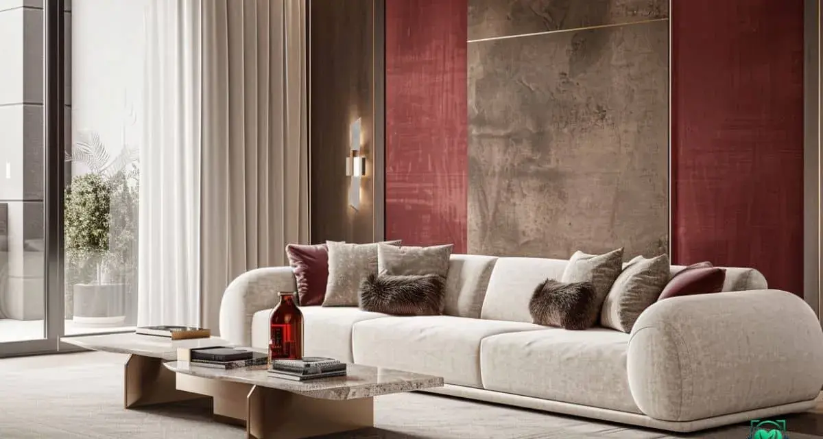 Luxuriöses Wohnzimmer mit einem cremefarbenen Sofa, das mit Kissen in verschiedenen Texturen und der Akzentfarbe bordeaux dekoriert ist. Die Wand hinter dem Sofa ist in einem tiefen Rotton gehalten.