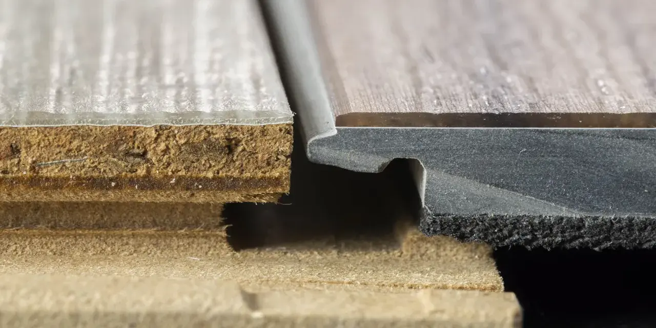 Detailaufnahme von Vinylboden-Schichten. Die sichtbaren Nachteile von Vinylboden zeigen sich in der Struktur.