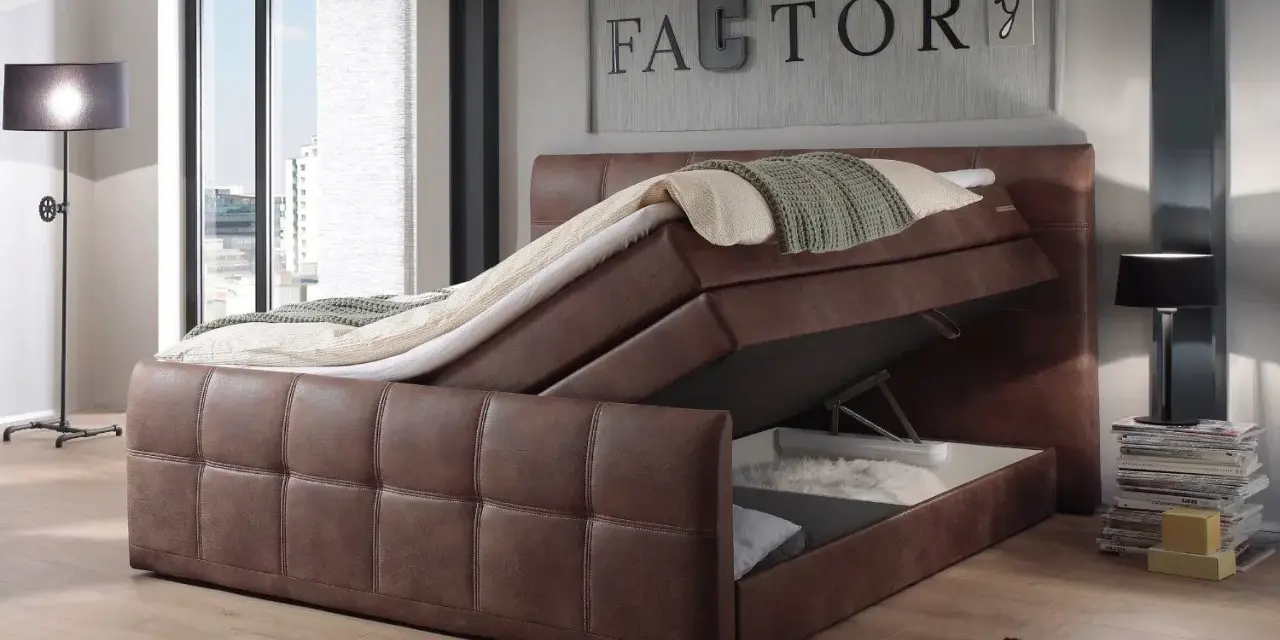 Ein braunes Lederbett mit offenem Bettkasten, der viel Stauraum bietet. So ist ein Bettkasten praktisch.