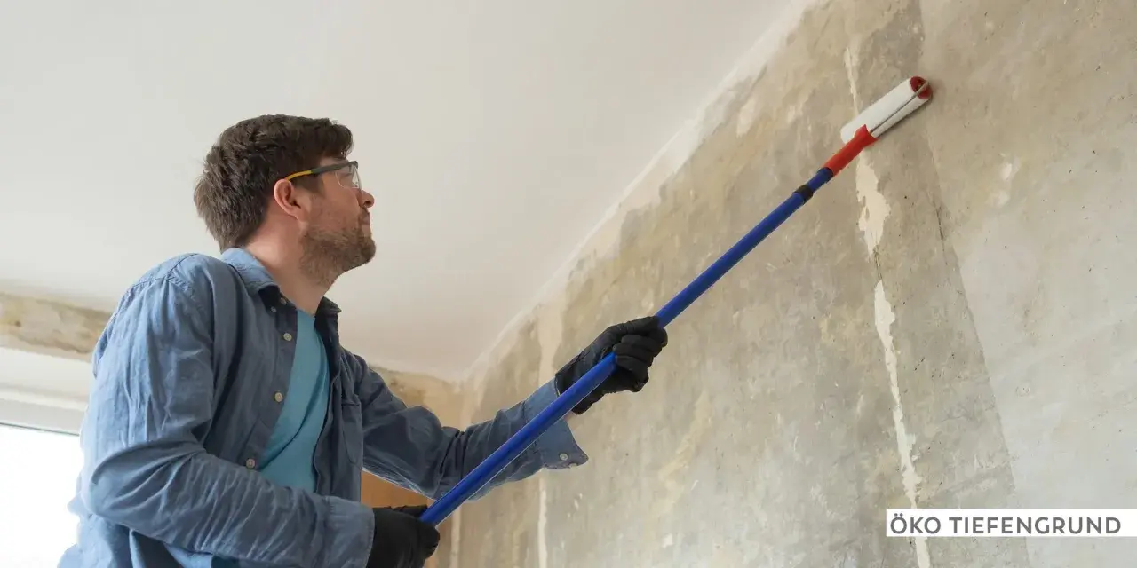 Mann mit Schutzbrille und Handschuhen trägt mit einer Teleskopstange eine Grundierung auf eine Wand auf.
