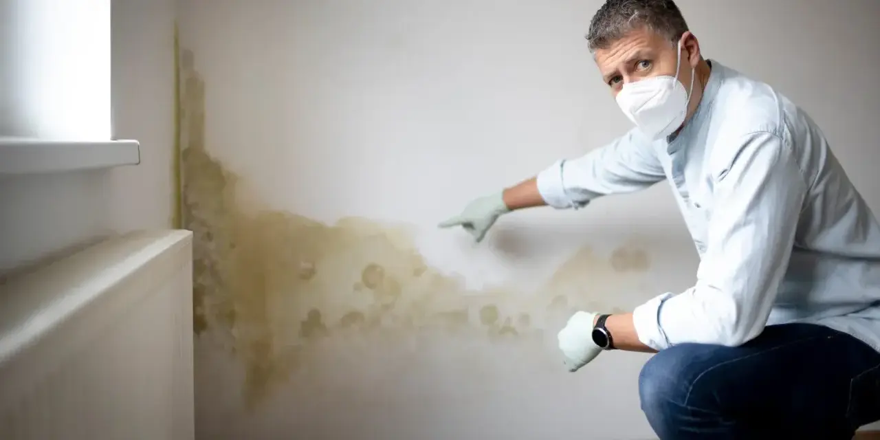 Mann mit Maske und Handschuhen zeigt auf schimmeligen Putz an einer Wand neben einem Heizkörper.