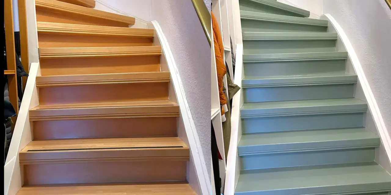 Vorher-Nachher-Vergleich einer Holztreppe: Links naturbelassen, rechts in einem sanften Grünton gestrichen. Die Frage: handlauf streichen welche farbe?