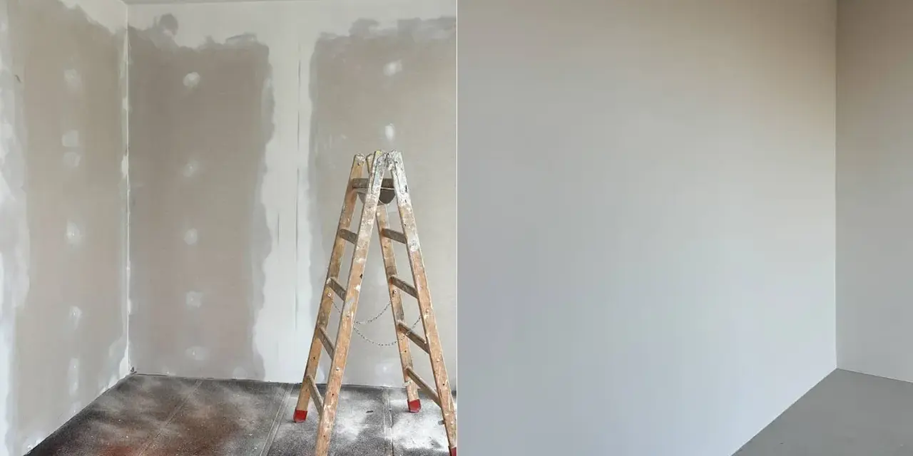 Vorher-Nachher-Vergleich: Rigips streichen. Links unfertige Wand mit Leiter, rechts frisch gestrichene, glatte Wand.