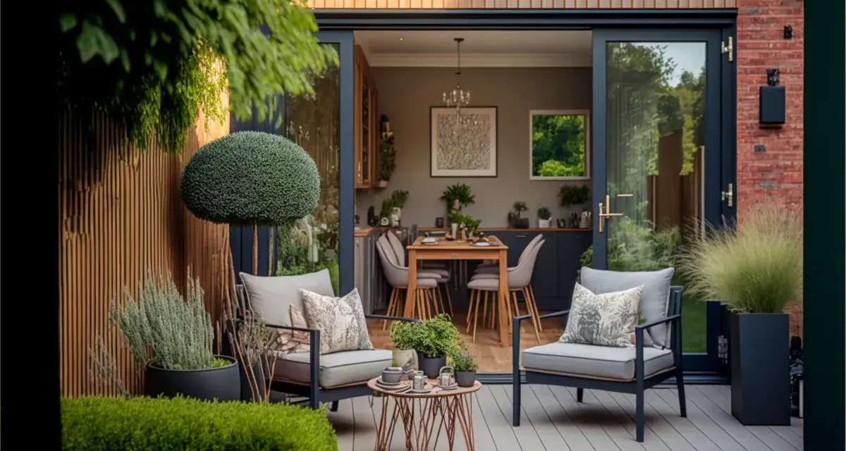 Moderne terrassen ideen: Gemütliche Sitzgelegenheiten auf einer Holzterrasse mit Blick auf einen Essbereich im Haus.