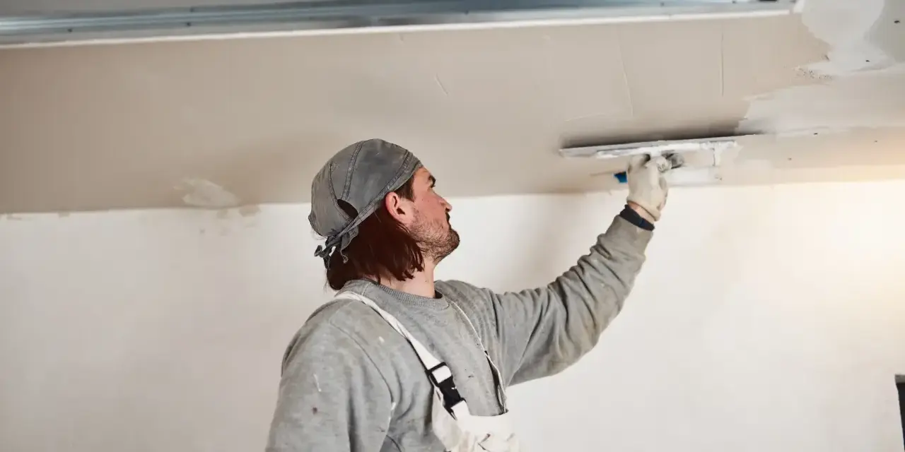 Handwerker verputzt Decke, inspiriert von modernen Deckenverkleidung Ideen für ein glattes Finish.