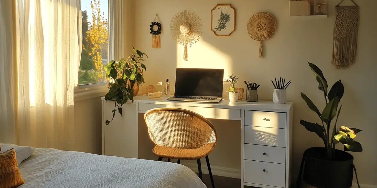 Ein gemütlicher Schreibtisch im Schlafzimmer, beleuchtet von warmem Sonnenlicht. Pflanzen und Boho-Deko schaffen eine entspannte Atmosphäre.