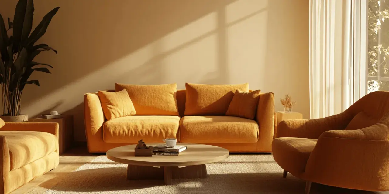 Gemütliches Wohnzimmer mit ockerfarbenen Möbeln. Sonnenlicht fällt durch das Fenster und wirft Schatten.