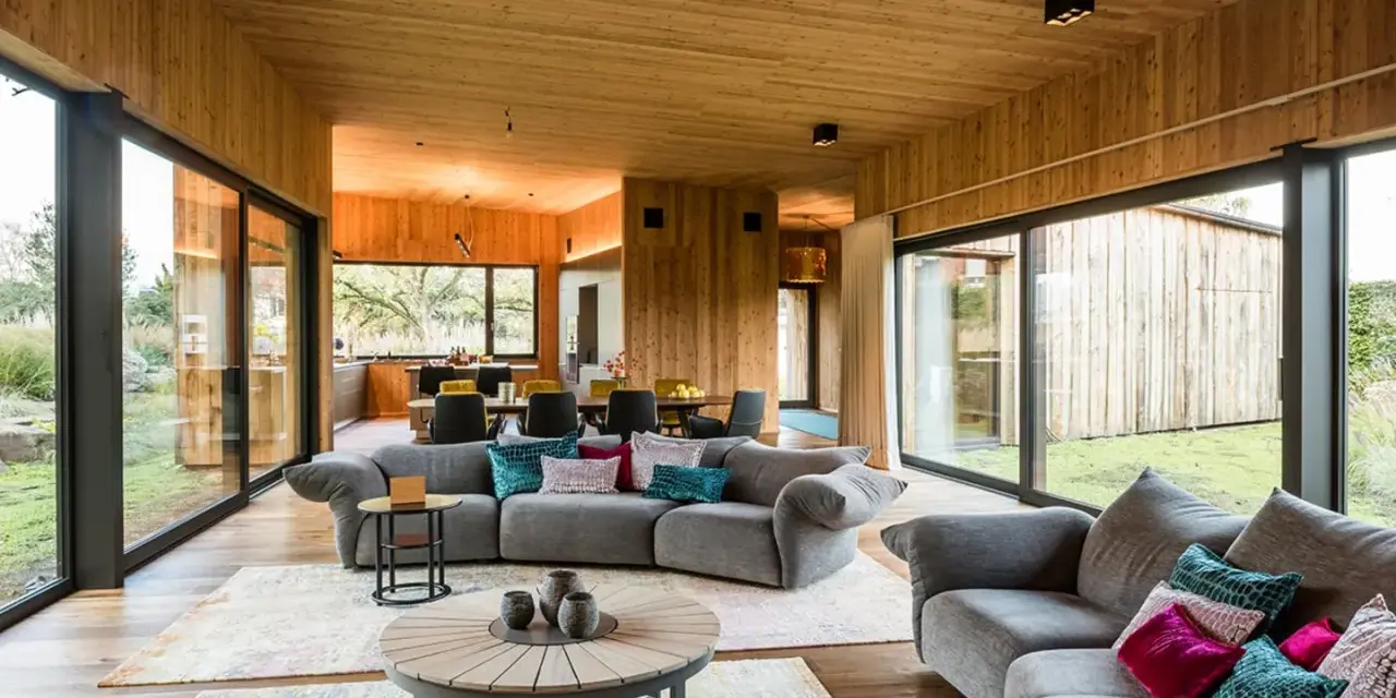 Gemütliches Wohnzimmer mit holzverkleideten Wänden und Decke, das zeigt, wie man eine holzdecke modern gestalten kann. Große Fensterfronten bieten Blick ins Grüne.