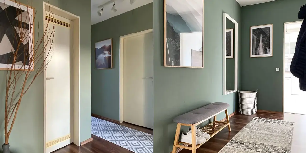 Grüne Wand im Flur mit moderner Kunst und Spiegel. Tolle Flur Wand Ideen für ein stilvolles Zuhause.