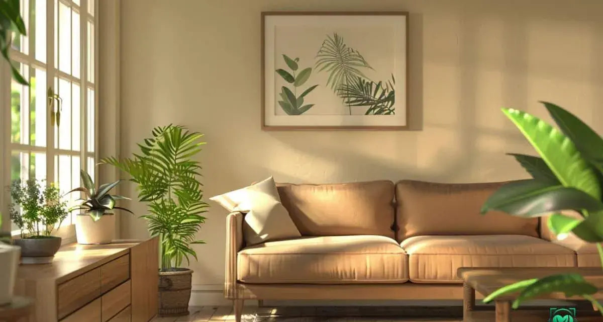 Sonnendurchflutetes Wohnzimmer mit beigem Sofa, Holzmöbeln und vielen grünen Pflanzen. Die Wirkung von Farben wie Beige und Grün schafft eine beruhigende Atmosphäre.