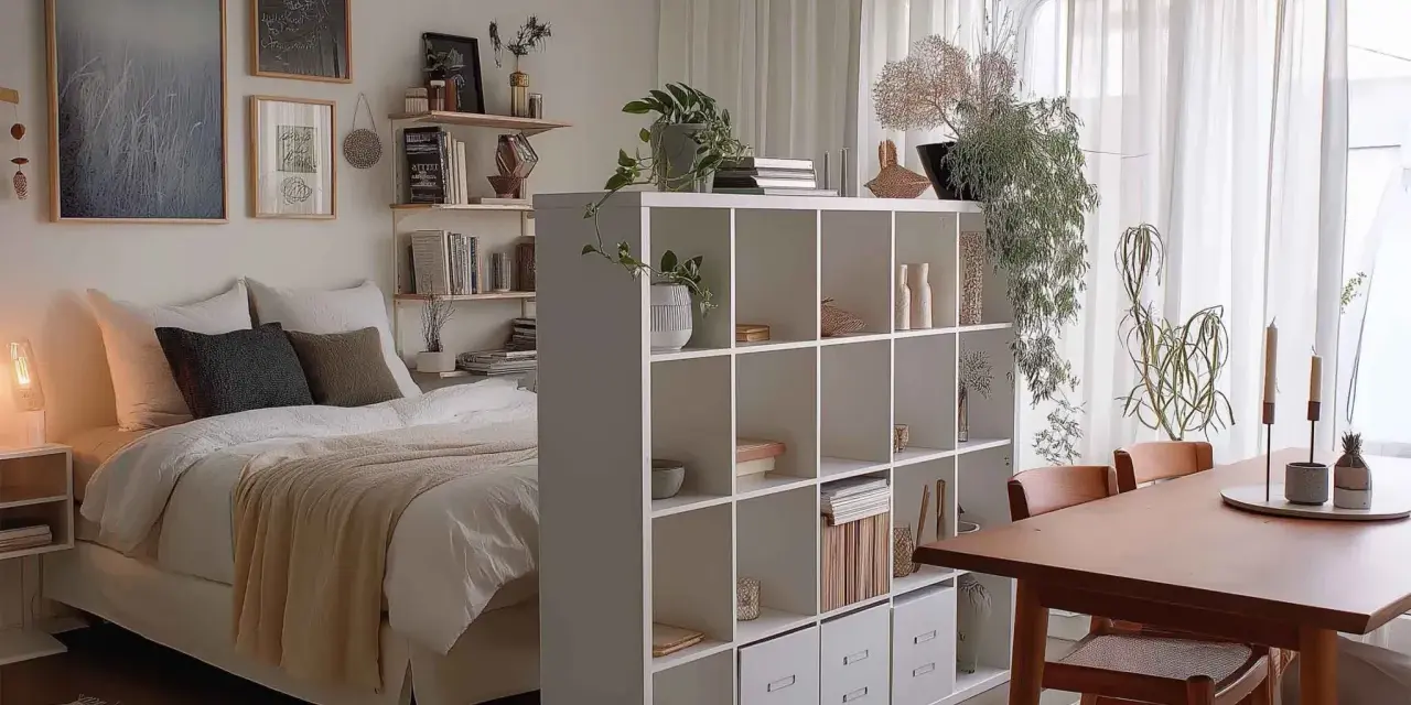 Gemütliche 1 Zimmer Wohnung einrichten 30qm: Bett, Regalwand, Esstisch und Pflanzen schaffen ein harmonisches Zuhause.