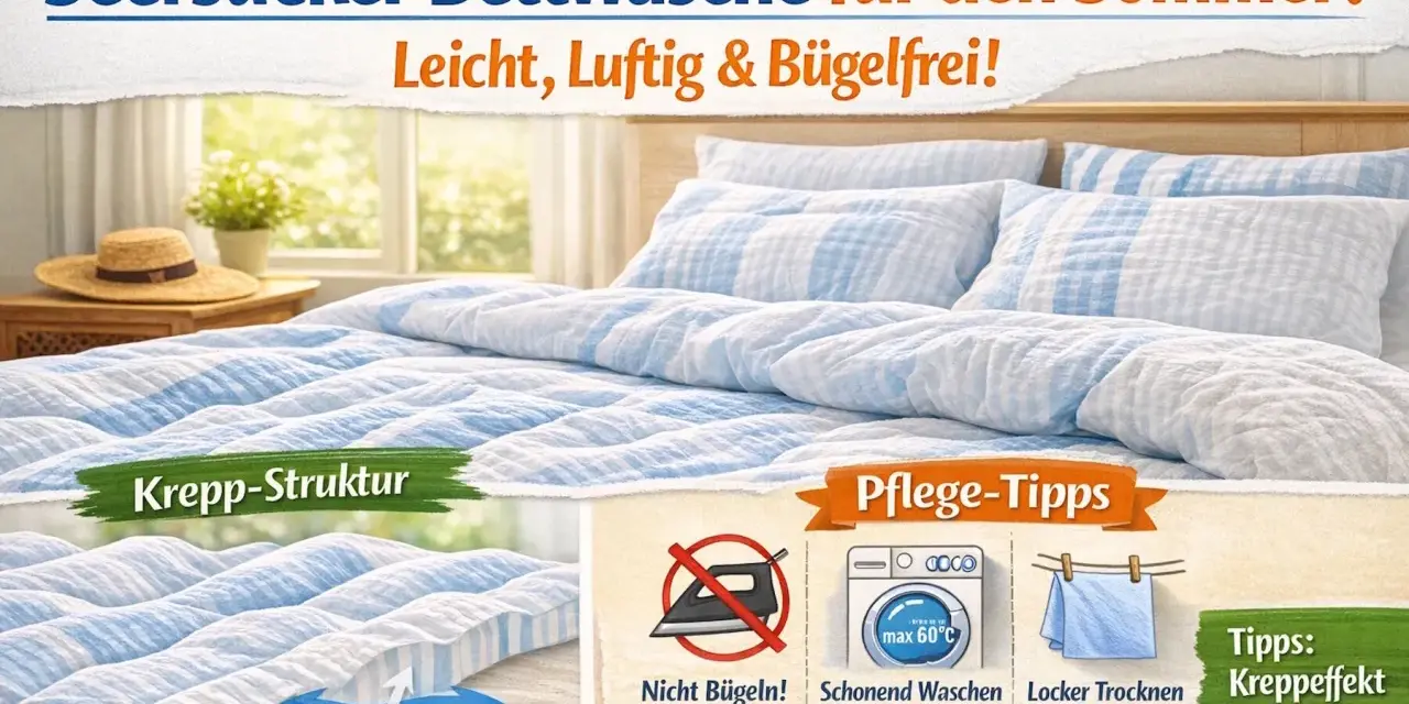 Leichtes Seersucker-Bettzeug mit Krepp-Struktur für den Sommer. Bügelfrei, luftig und angenehm. Pflege-Tipps: Schonend waschen, locker trocknen.
