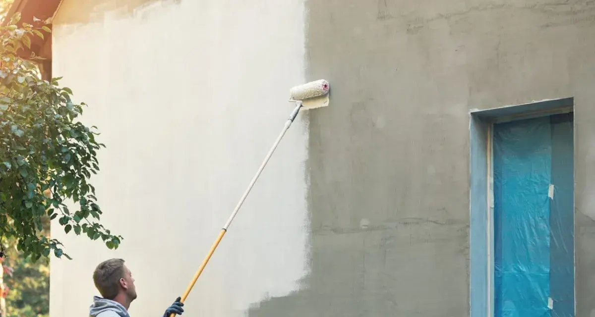Mann streicht mit einer Teleskoprolle die Hausfassade weiß. Die rechte Seite ist noch grau, die linke bereits frisch gestrichen.