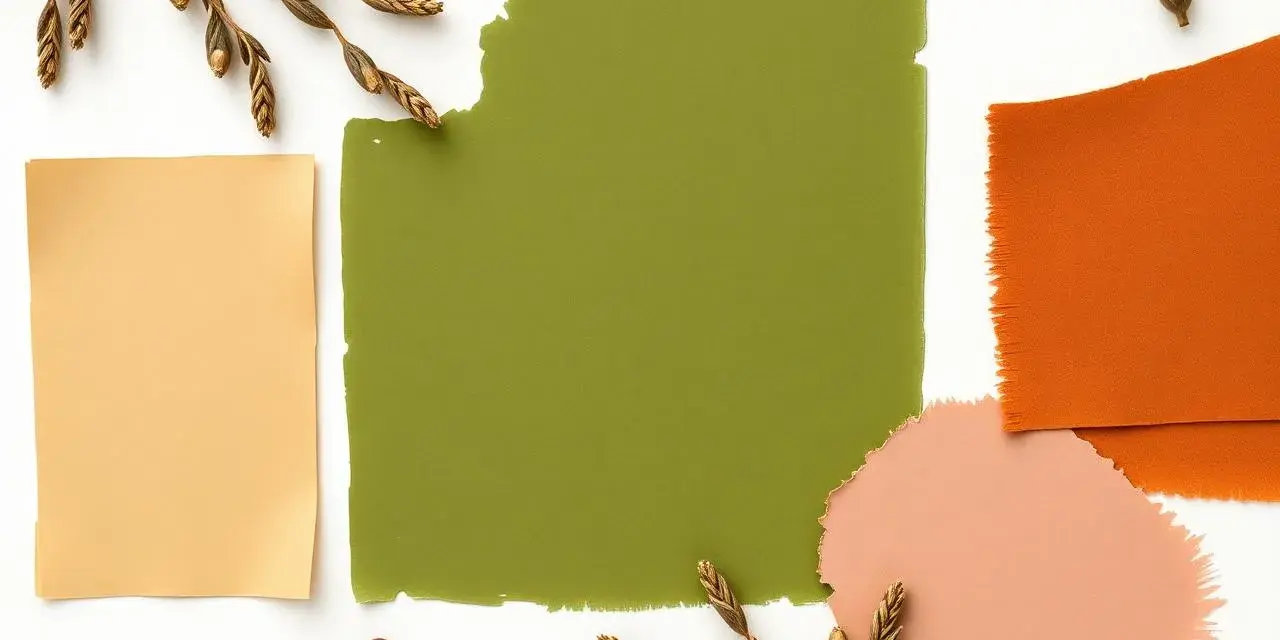 Ein großer olivgrüner Farbklecks, daneben ein hellgelbes Blatt, orangefarbener Stoff und Pfirsich. Was passt zu oliv? Getrocknete Gräser.